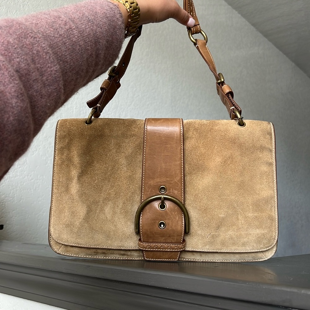 Coach - Tan Suede / Brown Leather Satchel.